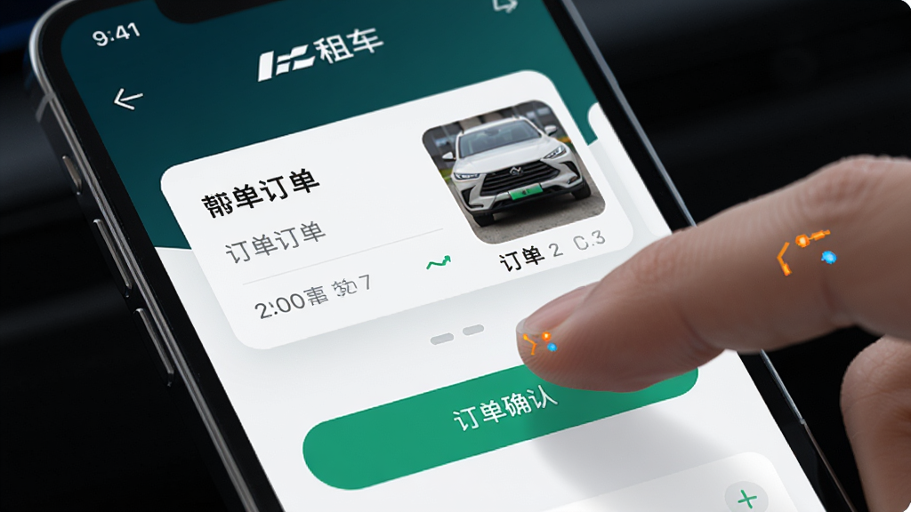 ����Ϊһ�������ֻ���Ļ��ʾһ���⳵APP����ȷ��ҳ�棬����Ϊ������д���Ű�ͻ����Ļ���ݣ����Ϊ�Ƽ���UIչʾ��ϸ�ڰ�����ָ�����ť��������Ƭ����������ͼ�����ʸ��壬����ɾ����޶���Ԫ��