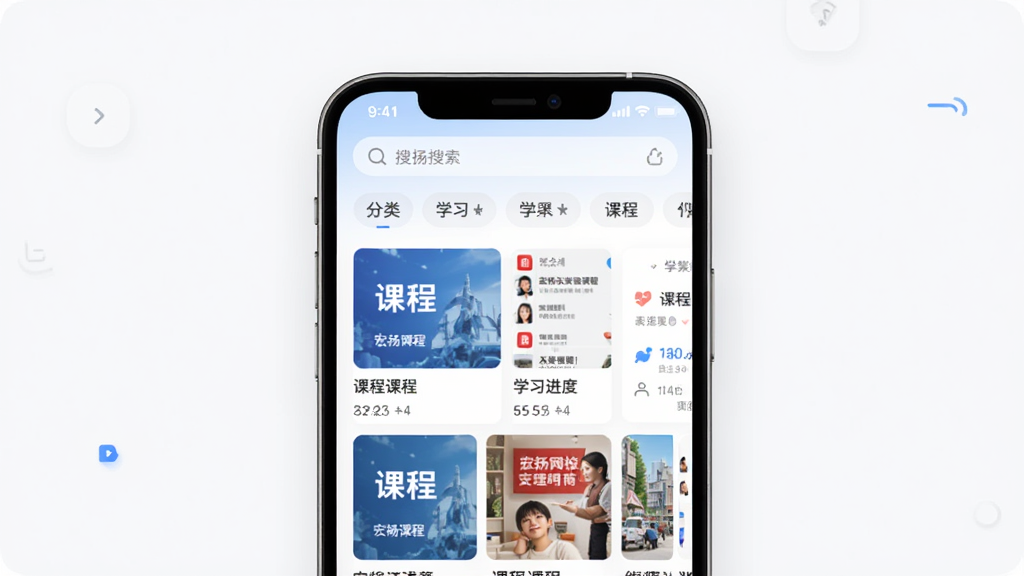 ������У�ֻ�APP��ҳ����չʾ������Ϊһ̨���������ֻ�����Ļ�ڳ��ֿγ��б���ѧϰ���ȿ�Ƭ���֣��Ű��������򣬷��Ϊ�ִ���Լ�����Ƽ��磬ϸ�ڰ��������������������ǩ��γ̷�������ͼ�����������ɾ����޶���Ԫ��