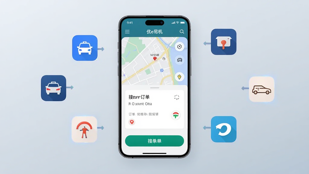 画面中央是一部竖屏智能手机,屏幕上显示优e司机应用主界面,界面包含地图、订单卡片与接单按钮,手机周围环绕多个小尺寸出行平台图标以表现聚合接单概念,背景为浅灰蓝渐变,整体采用扁平化商务科技风格,细节干净利落,画质清晰,无多余装饰元素