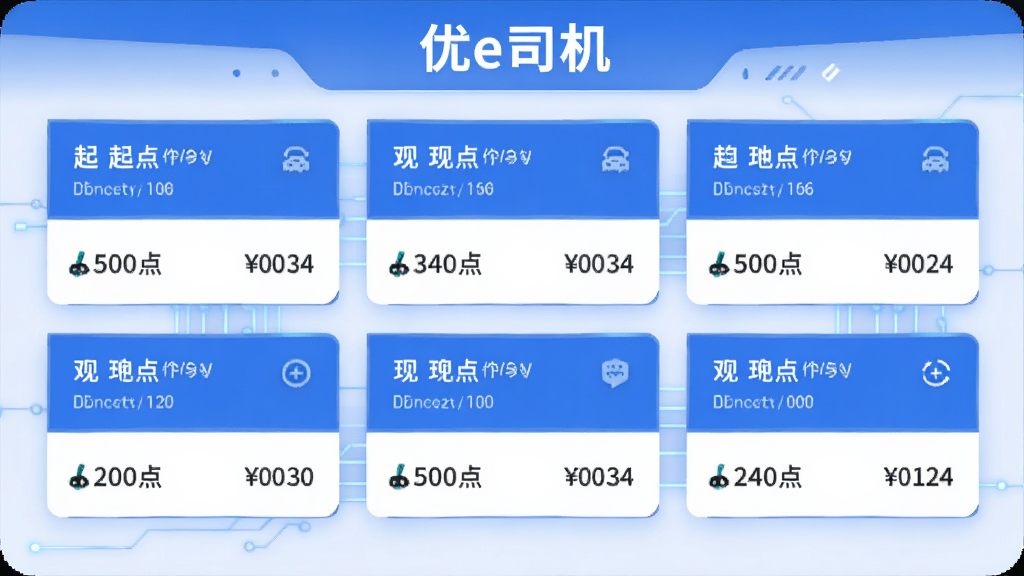 画面主体为一块横向展开的虚拟面板,面板上并列排布多个订单信息卡片,每张卡片带有起点终点与价格信息,面板上方有优e司机字样,布局规整,风格为简约扁平化科技风,色调以蓝白为主,细节清晰,画质干净,无多余元素