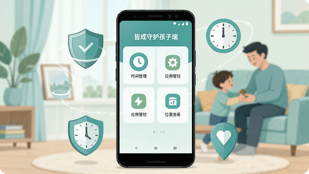 画面中央是一部安卓智能手机,屏幕上显示