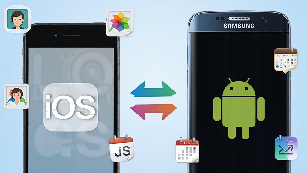 һ��iPhone��һ�������ֻ����ţ��м���˫���ͷ���ӣ���Ļ�Ϸֱ���ʾiOS�Ͱ�׿ϵͳͼ�꣬��Χ������ϵ�ˡ���Ƭ������������ͼ�꣬����Ϊǳ��ɫ���䣬��������񣬻����������ɾ��޶���Ԫ��