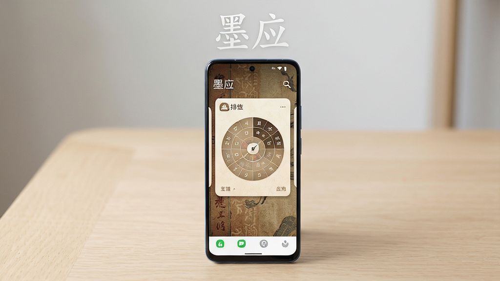 画面主体为一部竖屏安卓手机,手机屏幕中央展示墨应应用首页界面,界面包含排盘信息卡片与古朴纹理背景;布局为手机居中放置于浅色木质桌面,四周留白干净;排版采用居中对称构图,手机上方悬浮半透明文字“墨应”;风格为简约国风数码产品展示风;细节包括屏幕内文字清晰、图标圆润、桌面有轻微木纹质感、光线柔和均匀;画质高清,干净,无多余元素
