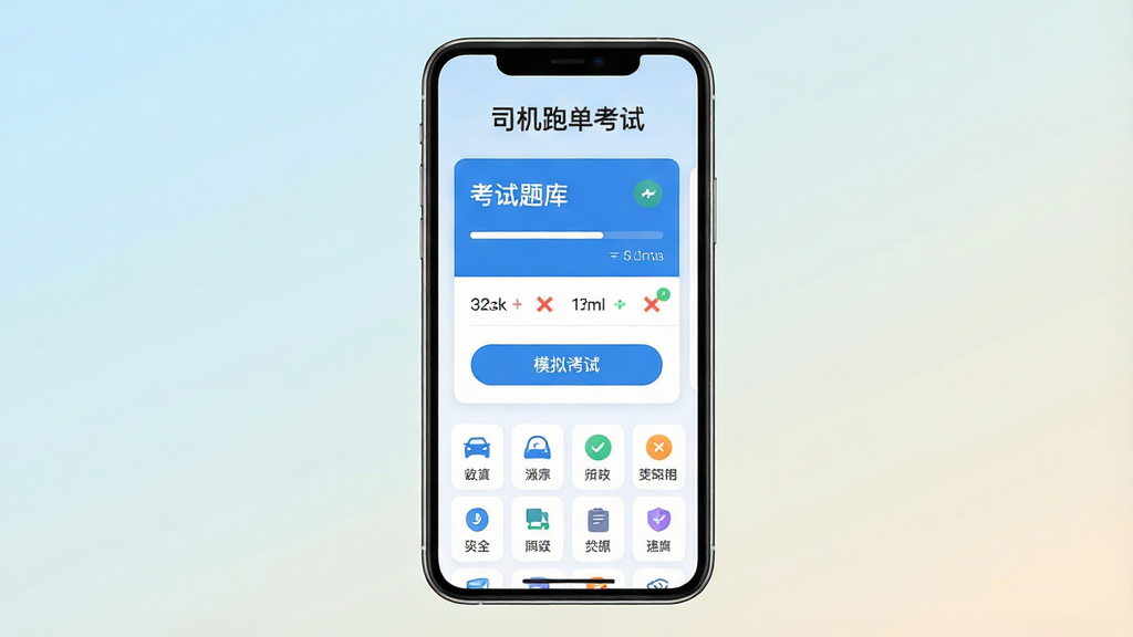 һ���ֻ���Ļչʾ˾���ܵ�����Ӧ����ҳ����������Ϊ�������ŵ������ֻ�����Ļ�ڳ�������ɫ���Ŀ�����⿨Ƭ��ģ�⿼�԰�ť�������Ϸ�Ϊ�������ơ�˾���ܵ����ԡ����⣬�·�Ϊ����ͼ�������Ű��������򣬷��Ϊ�ִ���ƽ��UI��ƣ�ϸ�ڰ������������Դ������ǳɫ���䱳�������ʸ���ɾ����޶���Ԫ��