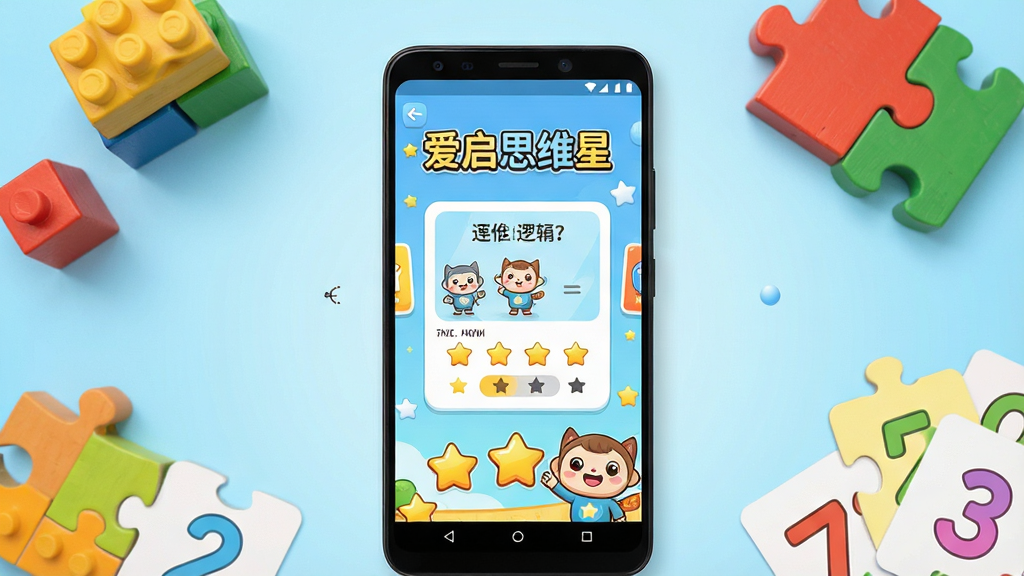 һ��չʾ��ͯ˼άѵ��Ӧ�ý���ĳ���ͼ������������һ��������׿�ֻ����ֻ���Ļ����ʾ������˼ά�ǡ��Ŀ�ͨ��������棬�����߼��⿨���������ǺͿ�ͨ������Ԫ�أ��ֻ���Χɢ���Ų�ɫ��ľ��ƴͼ������ֿ�Ƭ������Ϊǳ��ɫ���䣬���������»��ã���ͼ���жԳƣ�ϸ�ڷḻ�����������ɾ����޶���Ԫ��