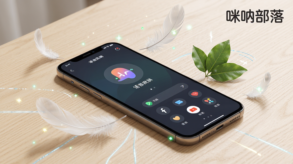 һ�ſƼ��еĲ�Ʒչʾͼ��������һ���ֻ�ƽ���������ϣ���Ļ��ʾ����������棬�ֻ���Χ��������������ë�������ͺĵ���ɫҶƬԪ�أ�����Ϊǳɫľ�����棬���дʵƫ��Ʒ��Ӱ�����ʸ��壬�������Ͻ���