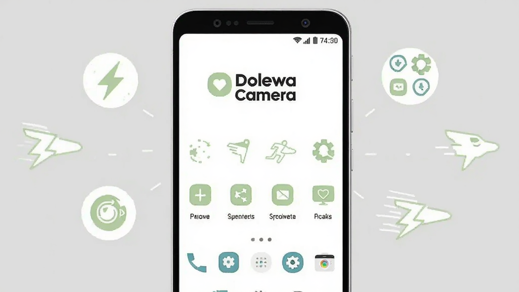 һ�����ż���׿�ֻ�����ǳ��ɫ����ǰ����Ļ��ʾ Dolewa Camera �����棬����Ԫ�ش��������ͼ���������룬�Ա�Ư���ű�ʾ���������ٵļ�Լ����ͼ�꣬���������ˬ��ƽ�廭��񣬰�ɫ��ǳ��ɫ���䣬��ͼ���У����廭�ʣ��޶���Ԫ��