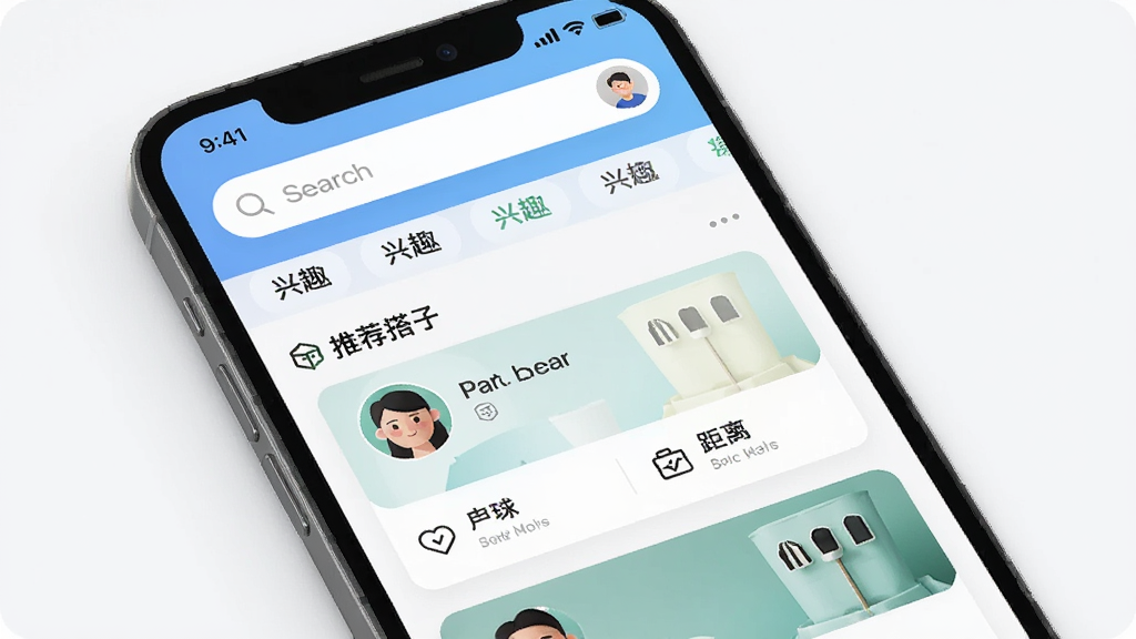 �����罻Ӧ�������棬����Ϊ�ֻ���ĻչʾӦ����ҳ�������Ϸ�Ϊ����������Ȥ��ǩ���в�Ϊ�Ƽ����ӿ�Ƭ�б����Ű�������½ṹ����������ִ���ƽ����ϸ�ڰ���ͷ����Ȥͼ�ꡢ�����ʶ�����ʸ��壬�ɾ����޶���Ԫ��