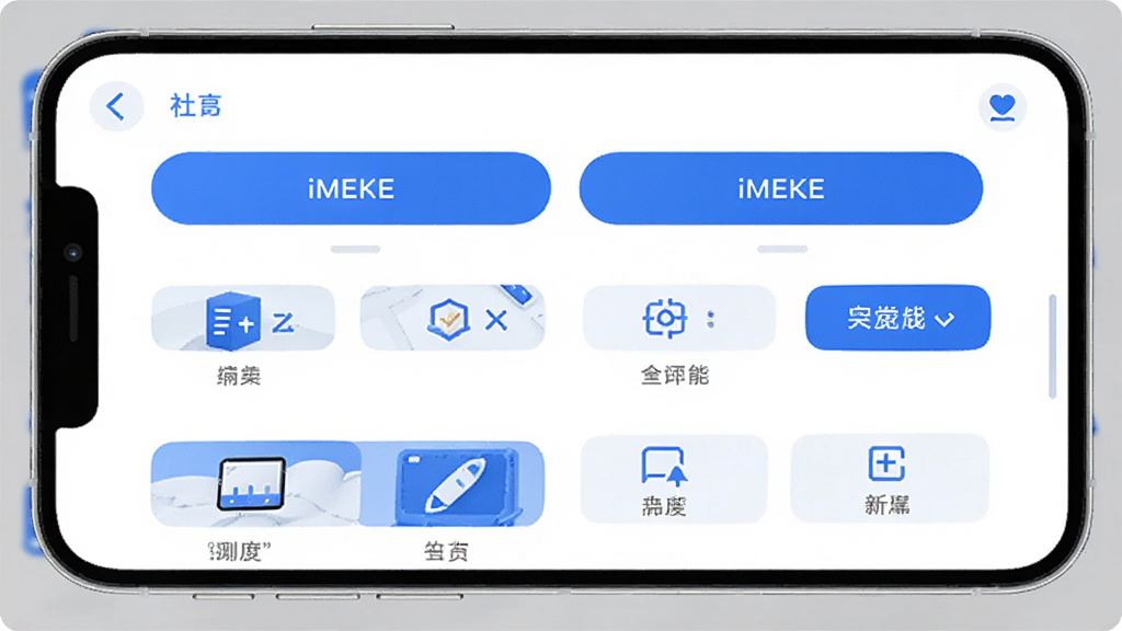 画面主体为iMEKE应用界面特写,展示清晰的按钮与功能分区;布局为手机屏幕正面展示,四周留白;排版规整;风格为现代简约UI风,白底配蓝色强调色;细节包含圆角按钮、图标、文字标签;画质高清,画面干净,无多余元素。