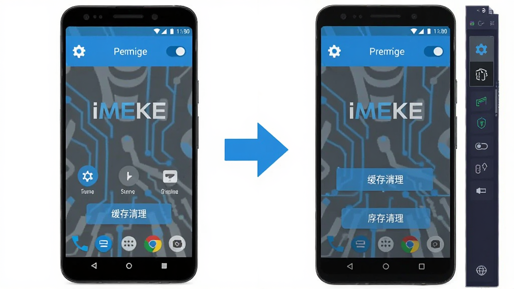 主体为安卓手机与电脑模拟器同屏对比展示iMEKE运行界面,中间以箭头连接;布局为左右并列;排版清晰;风格为科技感扁平风,蓝灰配色;细节包含设置齿轮、权限开关图标、缓存清理按钮;画质高清,画面干净,无多余元素。