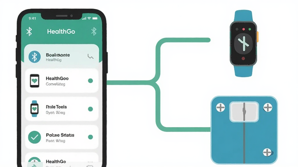 һ�ű��� HealthGo ���豸���ӳ����Ĳ廭���������Ϊһ���ֻ���ʾ HealthGo �豸�б����棬�Ҳ�ֱ�Ư�������ֻ�����֬�ӵļ��ͼ�꣬�м���ǳ��ɫ����������������Ϊ���ҶԳƹ�ͼ�����Ϊ��ˬ��ƽ�廭��ϸ�ڰ����������š��豸���Ʊ�ǩ��ͬ��״̬СԲ�㣬���ʸɾ����޶���Ԫ��