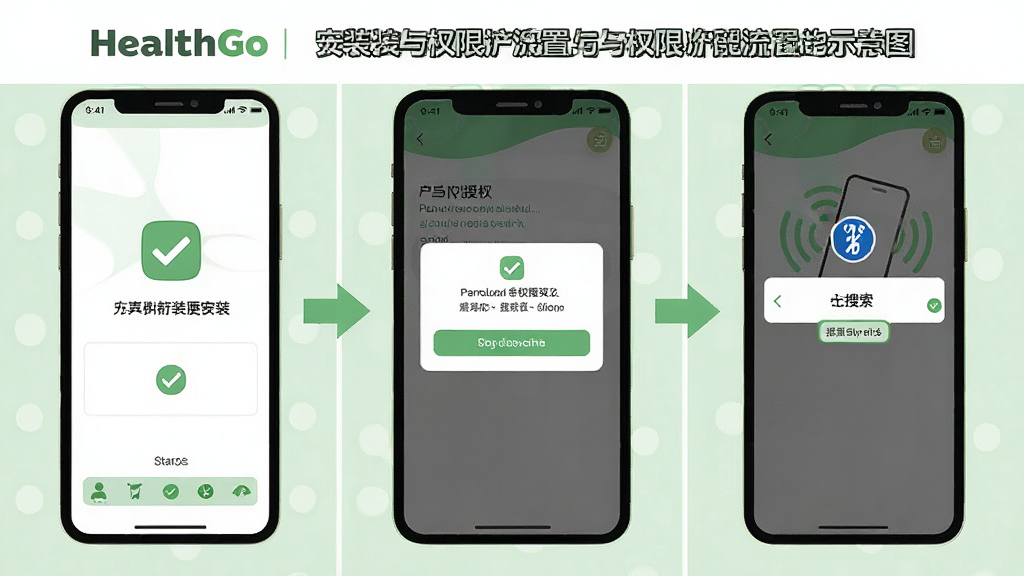 һ��չʾ HealthGo ��װ��Ȩ���������̵�ʾ��ͼ������Ϊ�����Ų��֣���һ��Ϊ�ֻ�Ӧ�ð�װ���棬�ڶ���ΪȨ����Ȩ������������Ϊ�����豸�������棬������Ϊ���̳̲廭����ɫ��ǳ�����ɫΪ����ϸ�ڰ�����ѡ��ǡ���ͷ������״̬��ʾСͼ�꣬���ʸɾ����޶���Ԫ��