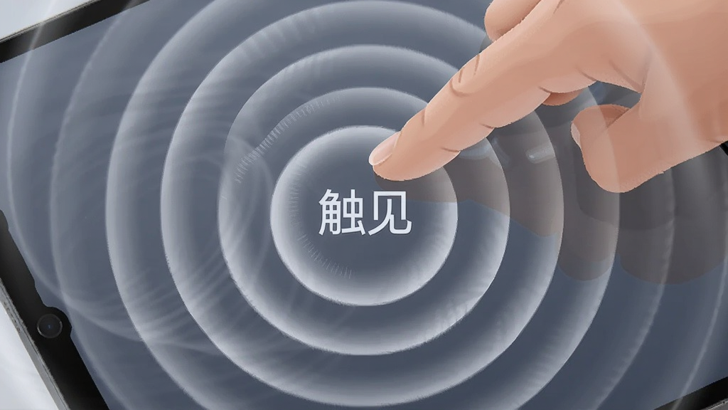 画面主体为一只手指轻触平板屏幕,屏幕表面泛起多层同心圆波纹,波纹中心有