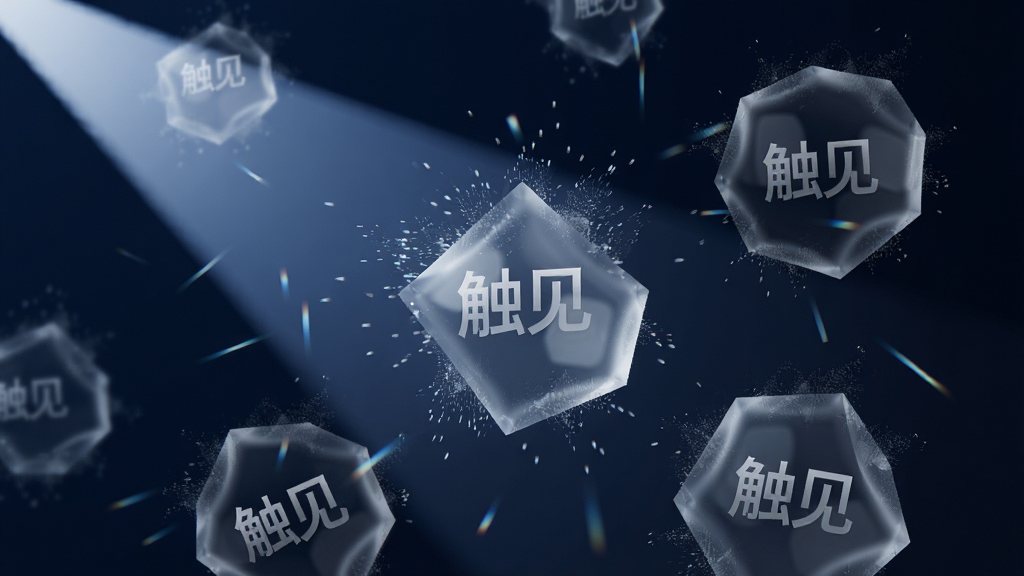画面为抽象数字艺术场景,深蓝色背景中漂浮着多个半透明几何体,几何体表面有