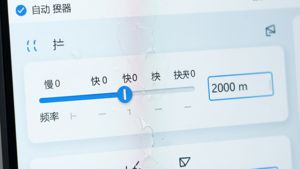 自动连点器点击器软件界面特写,屏幕中央显示频率调节滑块从慢到快排列,旁边有毫秒数值输入框,界面风格简洁清新,浅色背景搭配蓝色高亮元素,布局清晰直观,画质干净