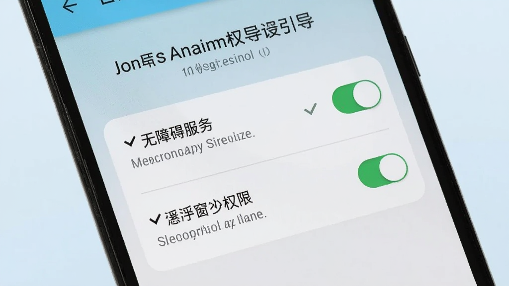 一部安卓手机屏幕显示自动连点器点击器的权限设置引导页面,页面列出无障碍服务和悬浮窗权限的开关状态,旁边有勾选图标和提示文字,背景为浅色渐变,扁平化设计风格,布局清晰,画质干净