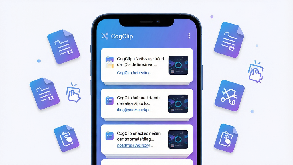 ����Ϊһ����׿�ֻ���Ļ��д����Ļ����չʾ CogClip Ӧ�ý��棬������ÿ�Ƭʽ�������ж�����������ʷ��¼����������Ƭ������������ͼ���ֻ���Χ����Ư���ļ�����ͼ���븴��ճ�����ţ�����Ϊ�ֻ����С�Ԫ�ػ���ʽ��ͼ���Ű�ͻ����Ļ���������ɶ������Ϊ�ִ��Ƽ��б�ƽ�廭�����Ͻ���ɫ����ϸ�ڰ��������ϵġ�CogClip�����ֱ�ʶ����Ƭ��Ӱ��Ρ�ͼ�������ɾ������ʸ��壬����ɾ����޶���Ԫ��