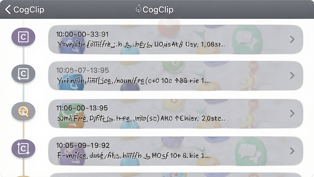 ����Ϊ CogClip Ӧ���ڼ�������ʷ�б����棬������¼��ʱ������ʽ�������У�ÿ����¼������������ͼ�ꣻ����Ϊ�����б��������棻�Ű�����չʾʱ���������ժҪ�����Ϊ�����ˬ���ƶ��� UI ��Ƹ壻ϸ�ڰ���������CogClip������������¼��ƬԲ����ǳɫ�ָ��ߣ����ʸ��壬����ɾ����޶���Ԫ��