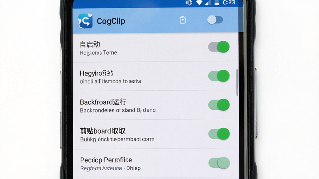 ����Ϊ��׿�ֻ����ý�����Ӧ��Ȩ�޹���ҳ����д����Ļ��ʾ CogClip Ӧ�õ�Ȩ�޿����б�����������������̨���С��������ȡ��ѡ�����Ϊ�ֻ���Ļ����չʾ���Ű�ͻ��Ȩ�޿��صĿ���״̬�����Ϊ��ʵ�ֻ�ϵͳ���ý����ͼ���ϸ�ڰ�����CogClip��Ӧ�����ơ����ذ�ť������Ȩ����Ŀ�������������ʸ��壬����ɾ����޶���Ԫ��