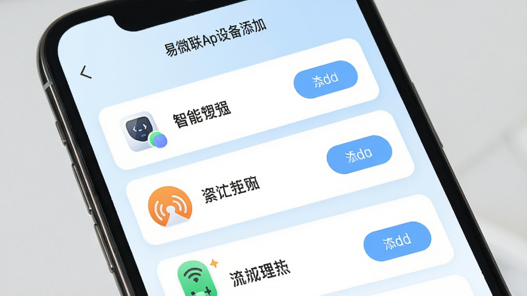 ��������Ϊ��΢��App�豸���ӽ��棬�ֻ���Ļ������ʾ�������������豸�б������Ϊ�豸ͼ�ꡢ�Ҳ�Ϊ���Ӱ�ť������Ϊ���½ṹ���Ϸ��������·��б��������Ϊ��ˬǳɫUI�磬ϸ�����б�����Բ�ǿ�Ƭ��ͼ��ɫ�������豸���͡��������������䣬��������������ɾ����޶���Ԫ��