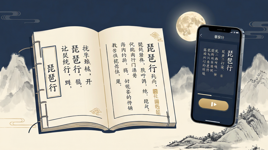 ����������һ��̯���Ĺŵ���װ�飬��ҳ������ӡ�š������С�ʫ�䣬�鱾�Ҳ�����һ���ֻ����ֻ���Ļ��ʾ�������������棬�����ڿɼ�ʫ��ԭ���벥�Ű�ť������Ϊ���ŵ�ˮīɽˮ��һ�����£������������ʽ��ƽ�廭���ɫ�����װס�������ǳ��Ϊ����ϸ�ڸɾ����䣬��������������ɾ��޶���Ԫ�أ�ͼƬ������Ϊ�������С�