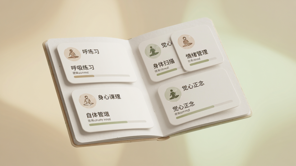 画面主体为一本展开的电子课程目录册悬浮在空中,册页上以卡片形式排列着觉心正念的课程模块,包括呼吸练习、身体扫描、情绪管理等标签,每张卡片带有柔和的图标与进度条,背景为暖米色与淡绿色交织的柔和光晕,布局错落有致,风格简约文艺,细节上突出卡片的圆角与阴影质感,画质细腻干净,无多余装饰元素
