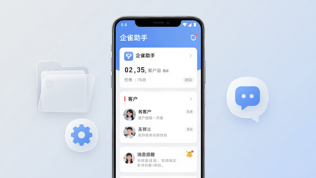 画面主体为一部竖屏安卓手机,屏幕居中展示“企雀助手”应用主界面,界面包含任务卡片、客户列表与消息提醒三个区域,手机左侧放置一个半透明文件夹图标与齿轮图标,右侧悬浮一个对话气泡图标,整体布局采用居中对称构图,背景为浅灰渐变到浅蓝的柔和过渡,风格为扁平化商务插画,细节处理上手机边缘带有细微高光,图标线条圆润,画质清晰干净,无多余装饰元素