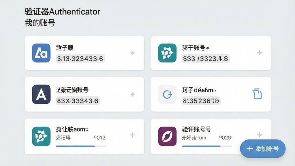 ��������Ϊ��֤��Authenticator�Ķ��˺Ź������棬�����˺ſ�Ƭ�������������У�ÿ�ſ�Ƭ����ƽ̨ͼ�ꡢ�˺���������λ��̬�룻����Ϊ�ֻ���Ļ��д����Ƭ�����ȣ��Ű����룬����������д����֤��Authenticator���롰�ҵ��˺š������Ϊ��ˬ��ƽ��UI��ƣ�ǳ�ұ������ɫ��Ƭ��ϸ�ڰ�������ʱ�����������ư�ť�������˺�������ť����������������ɾ����޶���Ԫ�ء�
