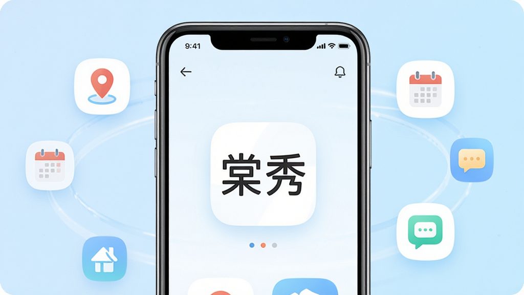 画面主体为一部智能手机,屏幕中央显示“棠秀”应用图标与简洁的首页界面,布局采用居中构图,背景为柔和的浅蓝色渐变,风格清新现代,细节上手机周围环绕着代表生活服务的小图标如定位、日历、消息气泡,画质清晰,干净,无多余元素