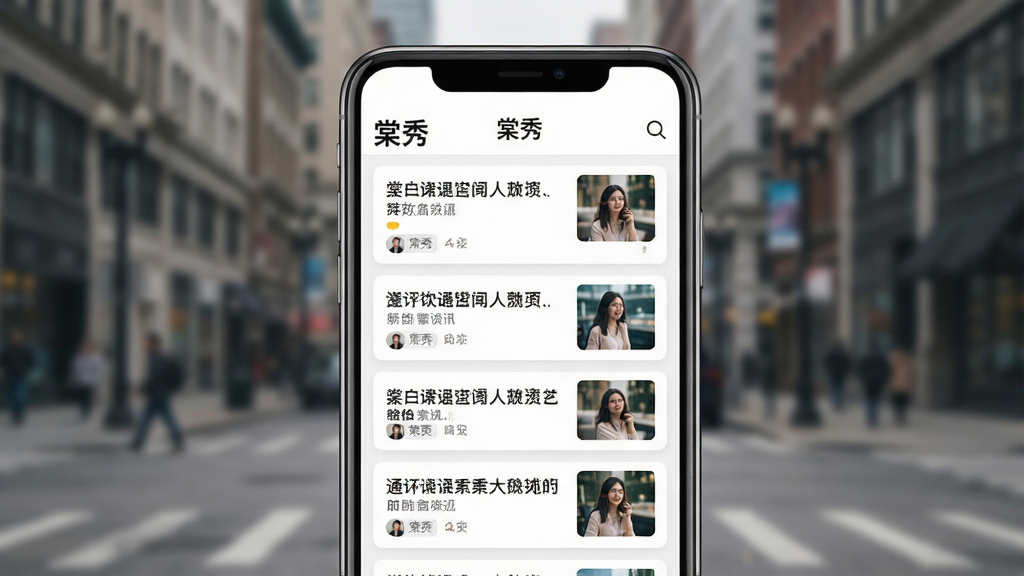 画面主体为手机屏幕特写,显示“棠秀”资讯列表页面,布局为上下滚动式卡片设计,风格扁平化且色彩明快,细节上卡片内包含文字标题与缩略图,背景为模糊的城市街景,画质清晰,干净,无多余元素