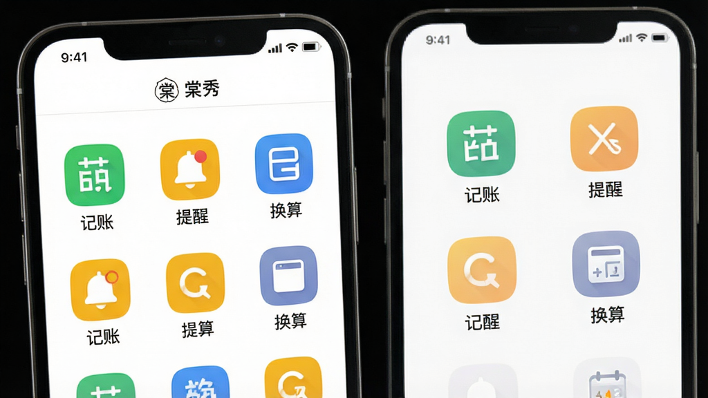 画面主体为手机界面展示“棠秀”工具集合页,布局为网格状图标排列,风格简约清爽,细节上每个图标下方配有中文标签如“记账”“提醒”“换算”,背景为纯白色,画质清晰,干净,无多余元素