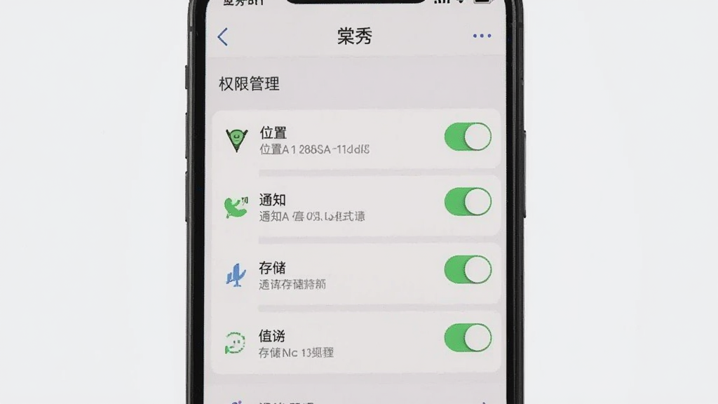 画面主体为手机屏幕显示“棠秀”设置页面中的权限管理选项,布局为纵向列表,风格扁平化,细节上包含位置、通知、存储等开关按钮,背景为浅灰色,画质清晰,干净,无多余元素