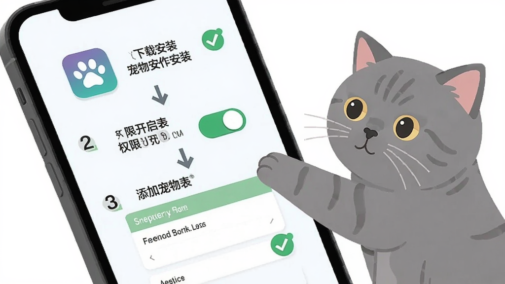 家宠物联新手操作引导页面,手机屏幕显示分步引导图示,第一步为下载安装图标,第二步为权限开启开关,第三步为添加宠物表单,画面右侧有一只好奇的英短猫用爪子触碰屏幕,布局为纵向步骤流程,风格为扁平化教程插画,细节包括数字序号、箭头指示、勾选标记,画质清晰,画面干净,无多余元素