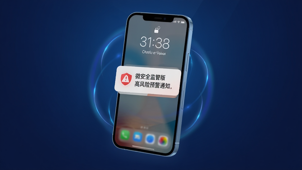 画面主体是一部手机锁屏界面弹出“微安全监管版”的高风险预警通知卡片,卡片上有红色警示图标与简短文字;手机悬浮在深蓝色渐变背景中央,周围有轻微的光晕效果;风格为科技感扁平插画,细节干净,画质高清,无多余装饰