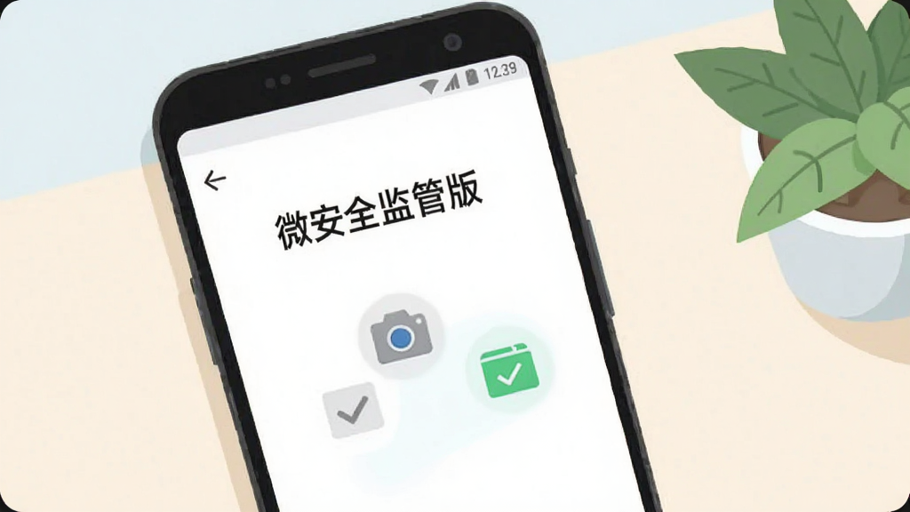 画面主体是一部安卓手机屏幕显示“微安全监管版”的权限设置引导页,旁边有相机图标与存储图标以对勾形式点亮;背景为浅色桌面与绿植一角;风格为清新简约的扁平插画,配色柔和,构图平稳,画质干净清晰