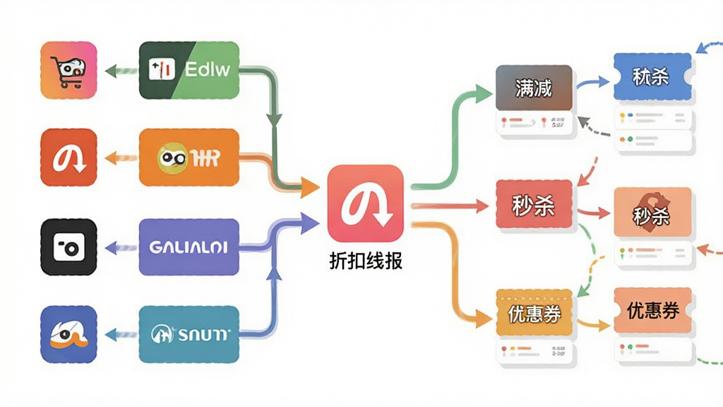 画面主体为一张横向展开的信息聚合示意图,左侧排列多个电商平台图标,右侧汇聚成一条流向中央“折扣线报”应用的信息流,信息流中以小卡片形式标注“满减”“秒杀”“优惠券”等字样;布局为左右汇聚式构图,风格为扁平化信息图表,细节上使用箭头与色块区分来源,画质干净清晰,背景为纯白,无多余装饰。