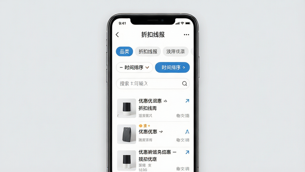 画面主体为手机屏幕特写,屏幕中展示“折扣线报”的筛选面板,包含品类标签、时间排序按钮与搜索输入框,面板下方是筛选后的优惠列表;布局为竖屏居中,风格为清爽的移动端界面展示,细节上突出标签选中状态与排序箭头,画质清晰锐利,背景为浅灰色,画面干净无杂乱元素。
