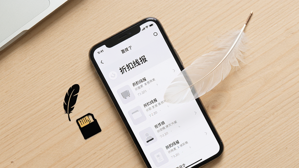 画面主体为一部手机放置在桌面上的俯视图,手机屏幕显示“折扣线报”简洁列表页,旁边摆放一个小巧的羽毛与存储卡图标,象征轻量与省空间;布局为俯视平铺构图,风格为极简产品摄影风,细节上突出手机屏幕内容与羽毛的轻盈感,画质高清,背景为浅木色桌面,无多余物品。