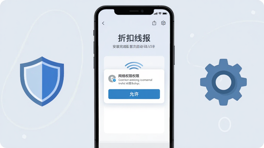 画面主体为一部手机屏幕展示“折扣线报”安装完成后的首次启动引导页,页面中有网络权限提示弹窗与“允许”按钮;手机旁边放置一个盾牌图标与一个齿轮图标,象征权限与设置;布局为手机居中、图标分列左右,风格为扁平化安全提示插画,细节上突出弹窗与盾牌元素,画质清晰,背景为浅蓝灰色,画面干净无多余元素。