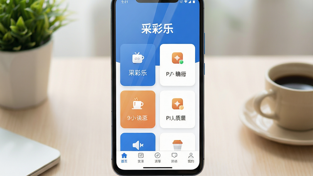 主体为一部竖屏安卓手机,手机屏幕内展示采彩乐应用主界面,界面包含清晰的卡片式功能入口与底部导航栏;布局为手机居中放置于浅色桌面背景上,周围点缀少量生活场景小物件如绿植、咖啡杯;排版突出手机屏幕内容,界面文字以中文呈现,顶部显示“采彩乐”字样;风格为现代简约扁平化UI展示风格,色调以蓝白为主搭配少量暖色点缀;细节包括屏幕反光自然、图标圆润清晰、背景虚化柔和;画质高清,干净,无多余元素