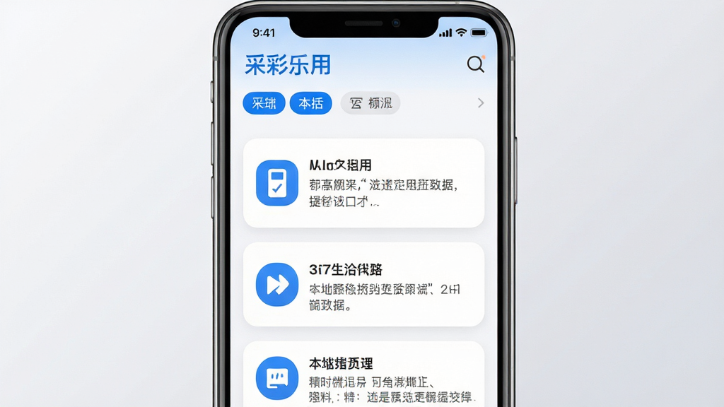 主体为采彩乐应用内的本地生活信息列表页面,多个卡片式信息条目整齐排列,每条包含图标、标题与简要说明;布局为手机屏幕特写居中,背景为纯净浅灰渐变;排版强调卡片层级分明、间距舒适;风格为清爽扁平化移动端界面风格,主色蓝白;细节包括卡片圆角柔和、文字清晰锐利、筛选标签醒目;画质高清,干净,无多余元素