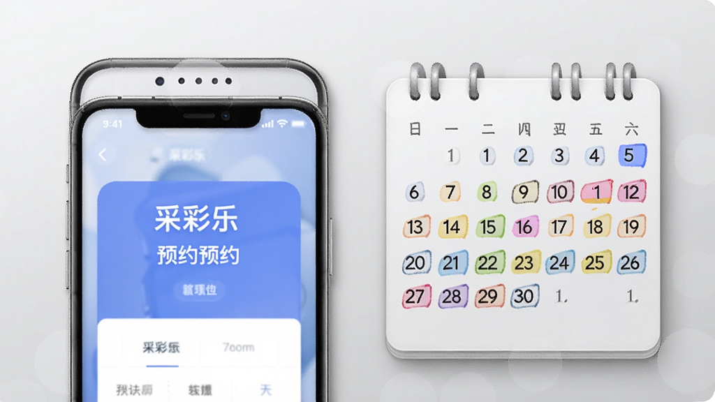 画面主体为一部手机与一张日历卡片并排摆放,手机屏幕上显示“采彩乐”预约界面,日历卡片上标注若干高亮日期,布局为左右对称构图,风格为轻拟物商务风,细节上日历边缘带柔和阴影,背景为浅灰渐变,画质细腻干净,无多余装饰