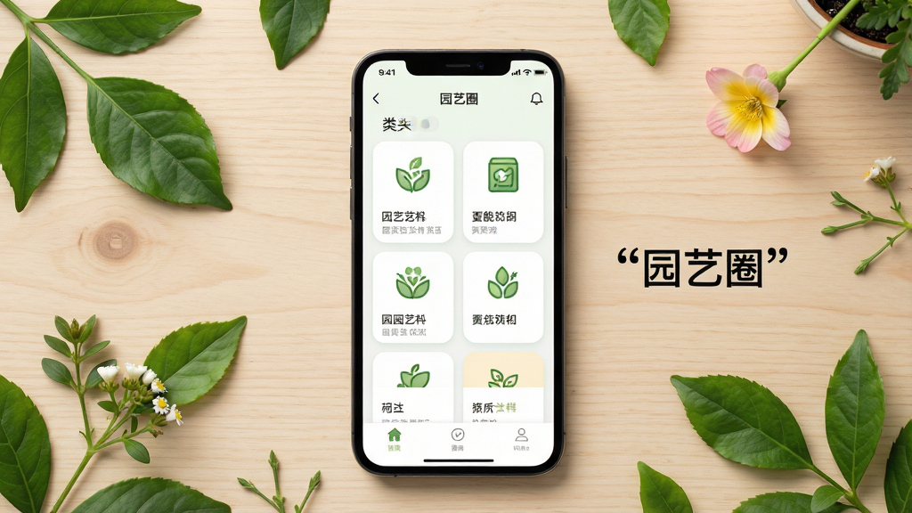 ��������Ϊ�ֻ���Ļ��չʾ԰��ȦӦ�õķ�������棬��Ļ��Χɢ���ż�Ƭ��Ҷ��һ��С��������Ϊ�ֻ����С�ֲ��Ԫ�ػ������ܣ��Ű�����Ļ���������ɼ������ǩ���֣����Ϊ�ɾ��Ĳ�Ʒչʾ�磬ϸ�ڰ������濨ƬԲ�ǡ�ͼ���ࡢ����Ϊǳľɫ���棬���ʸ���ɾ��޶���Ԫ�أ���Ļ�������ű�ע��԰��Ȧ��