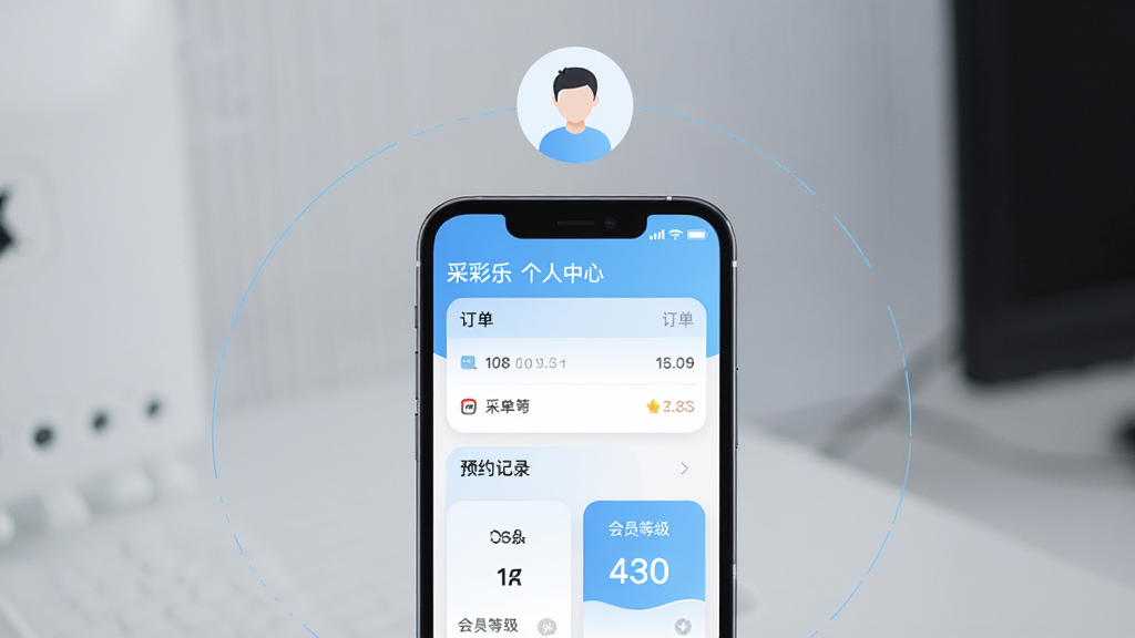 画面主体为一部手机展示“采彩乐”个人中心界面,界面中包含订单列表、预约记录与会员等级卡片,手机上方漂浮一个简洁的用户头像图标,布局为垂直居中构图,风格为简约科技风,细节上界面采用浅蓝与白色配色,画质清晰锐利,无多余装饰元素