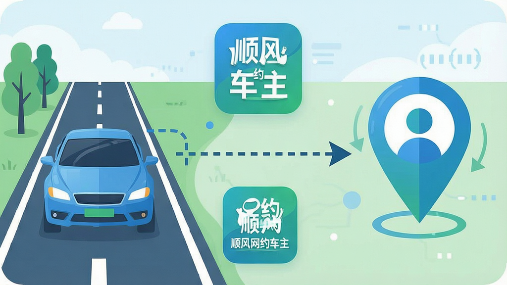 一张信息图风格插画,画面左侧是一辆私家车沿道路行驶,右侧是乘客定位图标,中间用虚线箭头连接表示顺路匹配,画面中带有“顺风网约车主”字样的应用标识,布局左右对称,风格简洁现代,配色以蓝色和绿色为主,细节干净,画质清晰