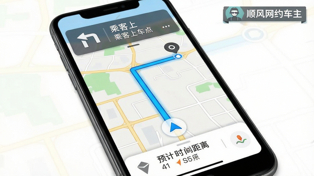 一张手机导航界面示意图,屏幕显示地图路线从当前位置到乘客上车点,路线用高亮蓝色标出,上方有转向提示箭头,下方显示预计时间和距离,界面角落有“顺风网约车主”字样的标识,整体风格写实清晰,画质干净