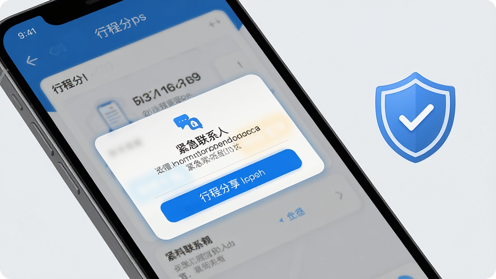一张安全功能展示图,画面为手机屏幕特写,显示行程分享弹窗与紧急联系人设置界面,背景为淡灰色,界面元素用蓝色高亮标注,旁边有盾牌图标象征安全保障,整体风格清爽,细节清晰,画质干净