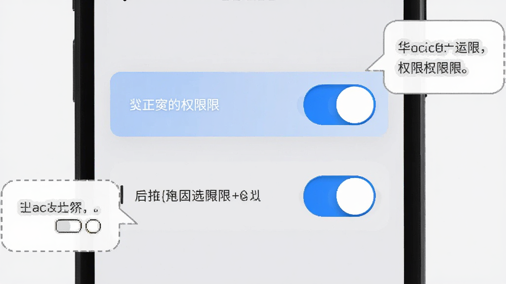 一张手机应用安装权限设置界面示意图,屏幕显示定位权限与后台运行权限开关,开关用蓝色高亮,旁边有提示文字气泡,背景为浅灰色,风格简洁直观,画质干净