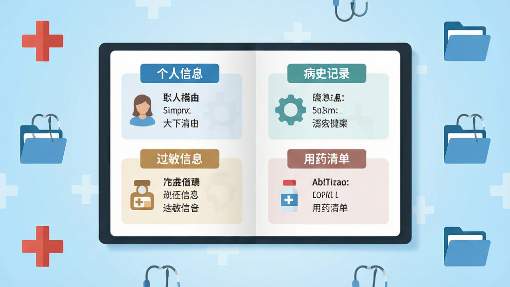 画面以一份展开的电子健康档案为中心主体,档案页面上以图标形式标注个人信息、病史记录、过敏信息与用药清单四个分区;背景为浅蓝色渐变,四周点缀医疗十字与文件夹图标;风格为扁平化信息图,细节上强调分区标签与文字排版整齐,画质清晰干净,无多余装饰元素