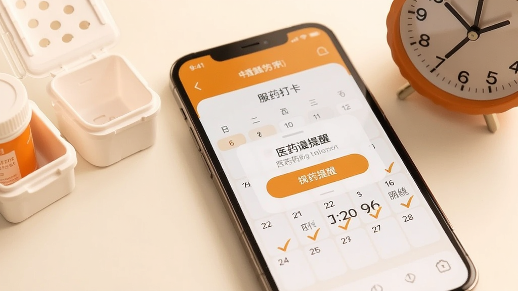画面主体为一部手机,屏幕上显示用药提醒弹窗与服药打卡日历,日历中部分日期带有对勾标记;手机旁放置药盒与时钟元素作为辅助构图;整体采用温暖橙白配色,风格温和亲切,细节上突出提醒弹窗的按钮与时间显示,画质干净清晰,无杂乱背景